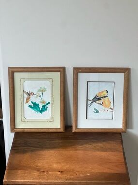 Vintage Set of 2 Hand-Painted Bird Watercolors - 9x11